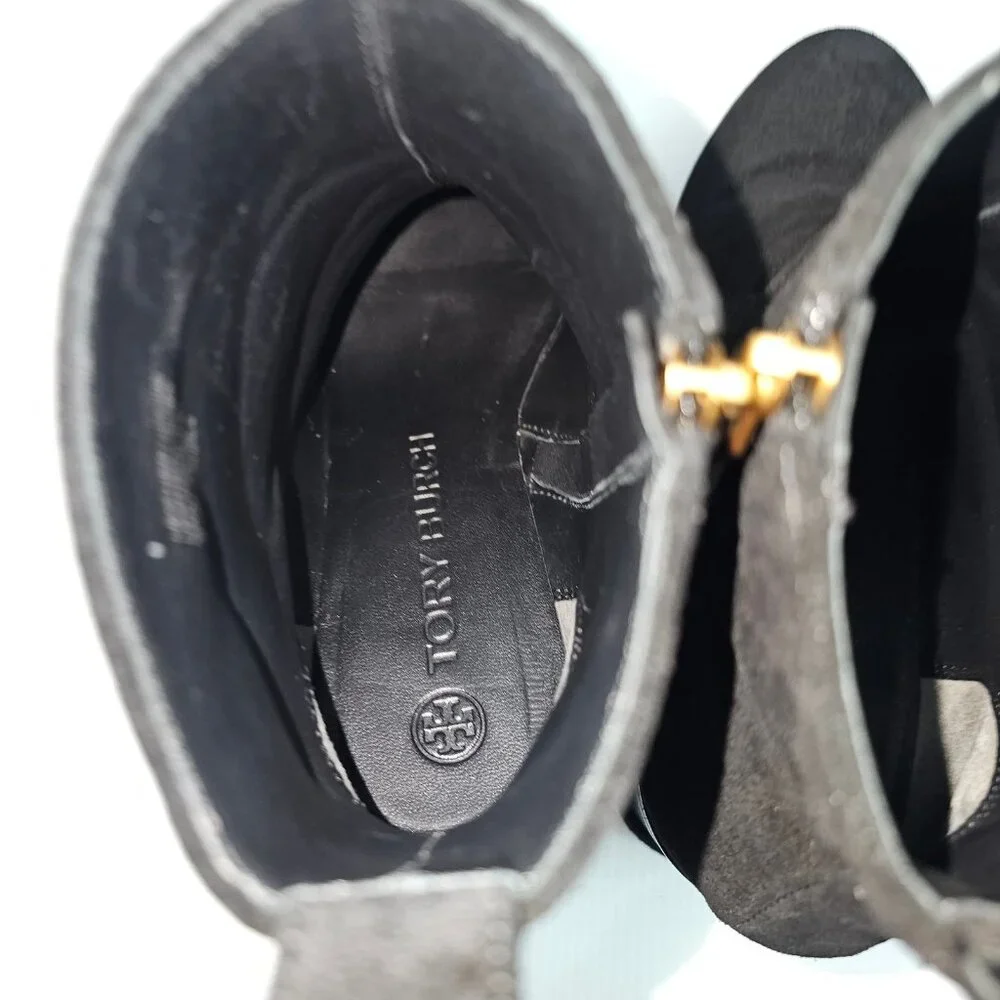 Tory Burch Suede Logo Wedge Ankle Boot Womens 8.5 Black Suede Lug Sole Designer